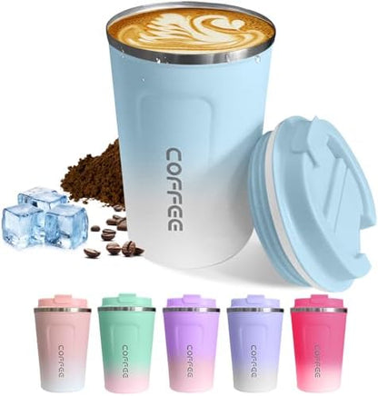 SPLMIFA Travel Coffee Mugs Leak-Proof, Reusable Coffee Cups with Lids, Stainless Steel Vacuum Insulated Coffee Tumblers, Thermal Insulation Cup for Men & Women Hot & Cold Drinks(2nd-Blue White, 12OZ)