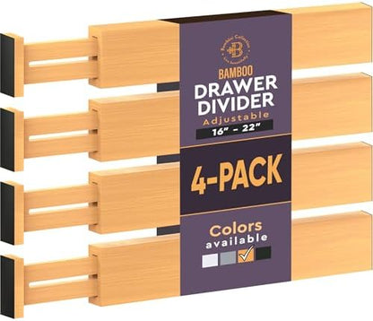 Bambüsi 4-Pack Drawer Divider - 2.6" High, 16" to 22" Adjustable Bamboo Drawer Organizers for Clothes, Expandable Dresser Separators in Bedroom/Bathroom/Kitchen/Office Organization and Storage