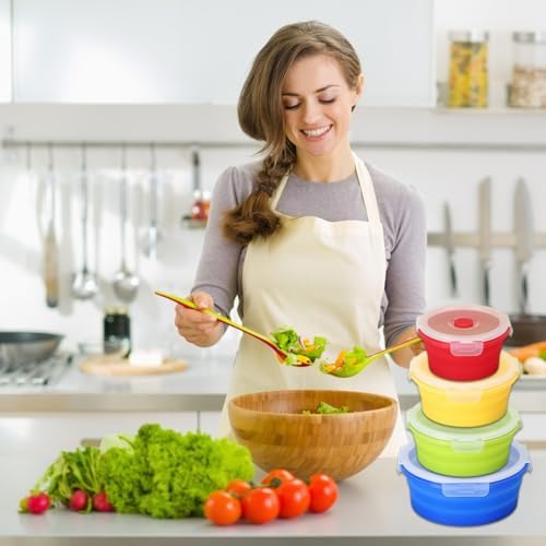 4 Collapsible Food Storage Containers, Silicone Food Storage Containers, Round Collapsible Bowls with lids, Microwave Freezer Dishwasher Safe (Colorful)
