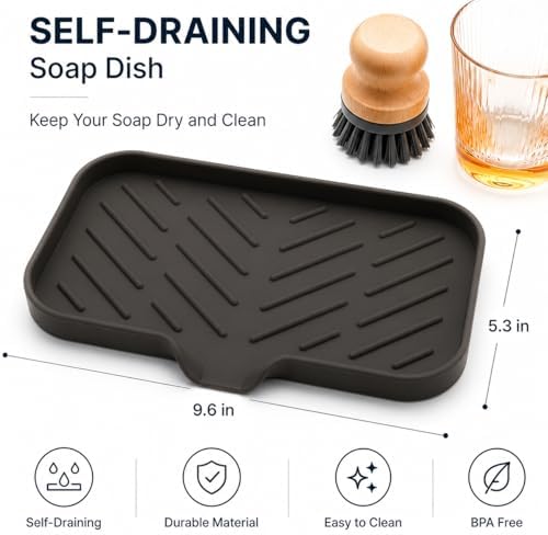 MicoYang Silicone Soap Dish with Drain Spout — Self-Draining Sink Organizer Tray for Bathroom & Kitchen, Sponges, Dispensers & Soap Holder, Non-Slip & Dishwasher Safe, Coffee (Medium, 9.6"×5.3")