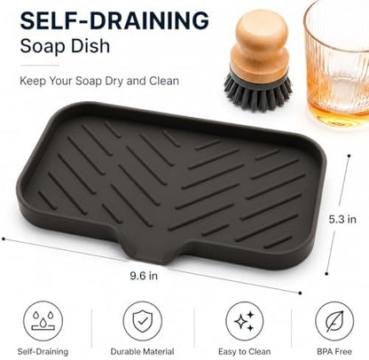 MicoYang Silicone Soap Dish with Drain Spout — Self-Draining Sink Organizer Tray for Bathroom & Kitchen, Sponges, Dispensers & Soap Holder, Non-Slip & Dishwasher Safe, Coffee (Medium, 9.6"×5.3")
