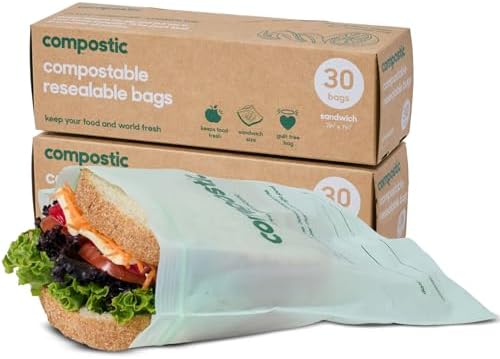 Compostic Compostable XL Sandwich Bags, 60 Ct Starter, Zip-Seal