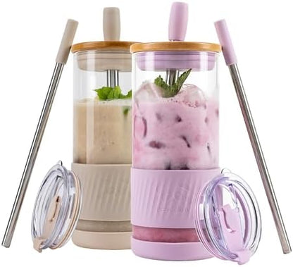 Pandaloo® Glass Cups With Lids and Straws -20 Fl Oz- Perfect Size Iced Coffee Cup - Smoothie Cup With Bamboo Lid and On the go Lid - Glass Tumbler (2 Count (Pack of 1), Lilac-Creamy Mushroom)