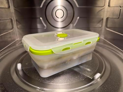 Collapsible Silicone Food Storage Containers - Rectangular Set of 4 with Airtight Snap-Down Plastic Lids - Microwave, Dishwasher, Freezer Safe