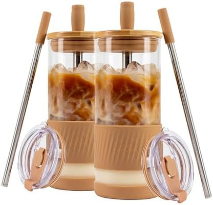 Pandaloo® Glass Cups With Lids and Straws -20 Fl Oz- Perfect Size Iced Coffee Cup - Smoothie Cup With Bamboo Lid and On the go Lid - Glass Tumbler With Straw (2 Count (Pack of 1), Amber Sand)