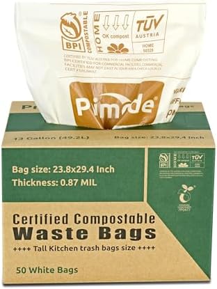 Compostable Bags, 13 Gallon Food Scraps Yard Waste Bags, 50 Count, Extra Thick 0.87 Mil. ASTMD6400 Compost Bags Small Kitchen Trash Bags, Certified By BPI And TÜV AUSTRIA