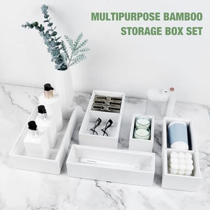 Bamboo Drawer Organizer,5 PCS White Bathroom Tray&Desk Organizers and Storage,Cabinet Divider With Removable Silverware Organization for Kitchen,Utensils,Junk,Office,Makeup