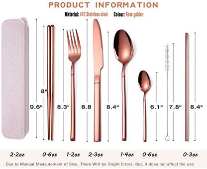AARAINBOW 7 Pieces Stainless Steel Flatware Set Portable Reusable Cutlery Set Travel Utensils Set Including Chopsticks Knife Fork Spoon Straws Cleaning Brush Dishwasher Safe (Rose golden)