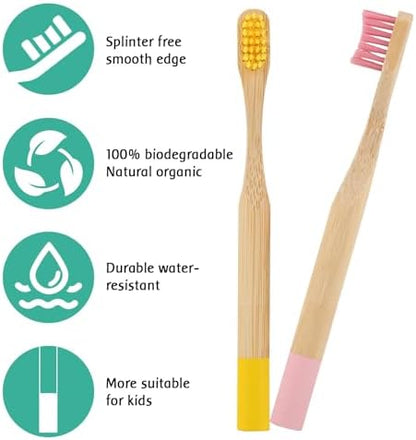 Kids Bamboo Toothbrush - Child Size Soft BPA Free Color Safe Bristles (4 Pack)