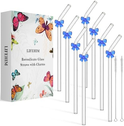 Cute Glass Straws with Blue Bow Charms, 8-Pack 9-Inch Bent for Tumblers