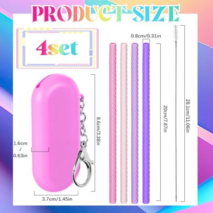 Meanplan 4 Sets Reusable Straws Travel Case Brush Silicone,Pink