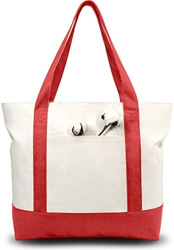 TOPDesign 6-Pack Canvas Tote Bags with an External Pocket, Reusable Grocery Shopping Bags, Top Zipper Closure, Daily Essentials (Red/Natural)