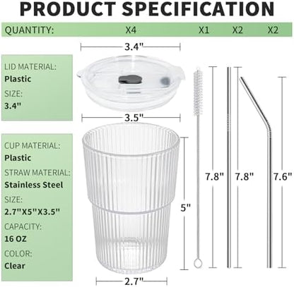 16 OZ Iced Coffee Cups with Lids and Straws Set of 4, Unbreakable Plastic Drinking Glasses Reusable Iced Coffee Glass to Go Cup for Iced Tea,Juice, Water,BPA Free, Dishwasher Safe