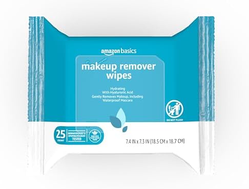 Amazon Basics Makeup Remover Wipes, Hydrating Facial Cleansing, Hyaluronic Acid, Dermatologist Tested, Plant Based, Alcohol-Free, Removes Waterproof Mascara, 25 Count, 2-Pack