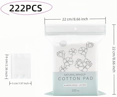 222-Pack 100% Pure Cotton Makeup Remover Pads | Soft, Hypoallergenic & Lint-Free Facial Rectangle for Sensitive Skin | Reusable, Double-Sided with Reinforced Edges | Makeup Skincare(222 Count)
