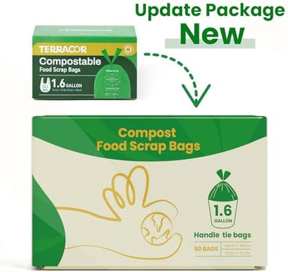 1.6 Gallon Compostable Food Scrap Bags Handle Tie for Kitchen Countertop Bin, 6 Liter Small Compost Bags, 100 Count (Pack of 2), BPI Certified and Meet The ASTM D6400 Standard