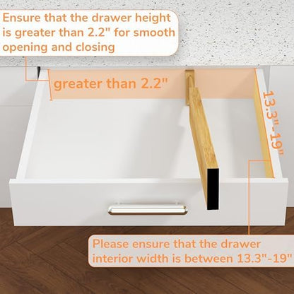 BAMEOS Bamboo Expandable Drawer Dividers – Fits 13.3"–19" Drawers, 2" High, Set of 4 | Spring-Loaded Bamboo Separator for Kitchen Island, Bathroom Vanity & Dresser Drawers