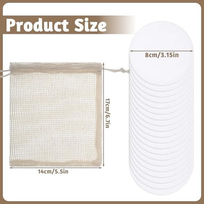 Grevosea 20 Pcs Reusable Cotton Rounds for Face, Makeup Remover Pads Reusable Cotton Face Pads with a Mesh Washable Laundry Bag for Makeup Removal Facial Cleansing Skincare Travel Essentials