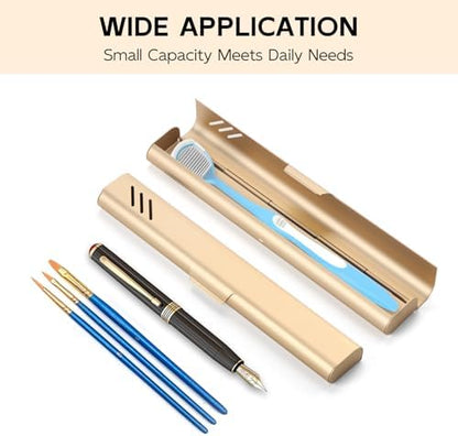 Travel Toothbrush Case, Portable Toothbrush Holder, Durable Aluminum Toothbrush Storage Box, Small Breathable Manual Toothbrush Container for Traveling, School, Camping, Business Trip - Gold