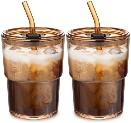 13oz Glass Coffee Tumbler with Straw and Lid, Reusable Iced Coffee Cups, Matcha Smoothies Cup, Thick Wall Seal Drinking Glassware Water Cups,Suit for Car Cup Holder (Amber-2pack)