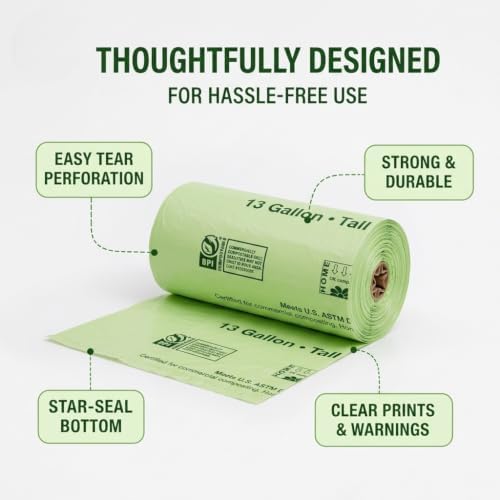 OrangeBio 13 Gallon Compostable Trash Bags, 50 Count, BPI Home Certified