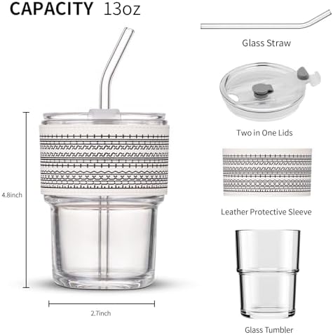 BLUEPOLAR 13oz/400ml Glass Water Tumbler with Straw and Lid Sealed Carry on Thick Wall Iced Coffee Cup for Water, Iced Tea, Fruit Juice