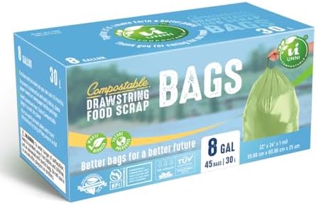UNNI Compostable Drawstring Bags, 8 Gallon, 45 Count, Extra Thick 1 Mil