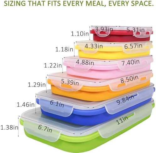 Set of 6 Collapsible Silicone Food Storage Containers With Lids, Durable, Meal Prep Foldable Bento Lunch Boxes for Kitchen, Camping, Microwave,Dishwasher and Freezer Safe, BPA Free