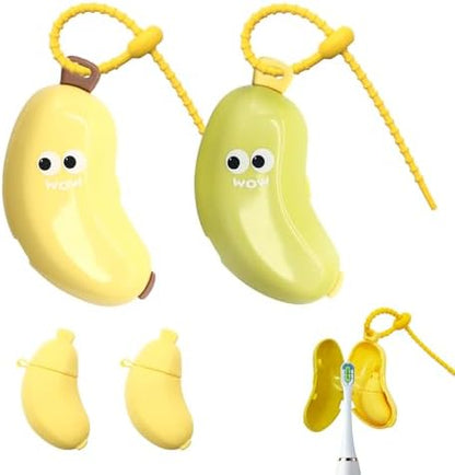 Banana-Shaped Toothbrush Protector Cover 2 Pack (Green & Yellow), with Toothpaste Dispenser, 2-in-1 Clip on Toothbrush Travel Case for Home Travel and Camping
