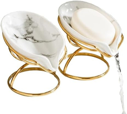 Dobbyby Leaf-Shaped Soap Dish – Ceramic Soap Bar Holder with Self-Drainage System – Bar Soap Holder for Shower, Bathroom Sink, Kitchen – Soap Dish with Stainless Steel Stand (White-Gold-2 Pack)