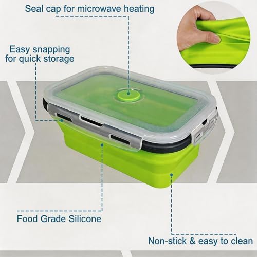 Collapsible Silicone Food Storage Containers Set, 4PCS Foldable Lunch Boxes with Lids & Air Vent, 27oz Multifunctional Travel Food Containers, Bento Boxes, Green