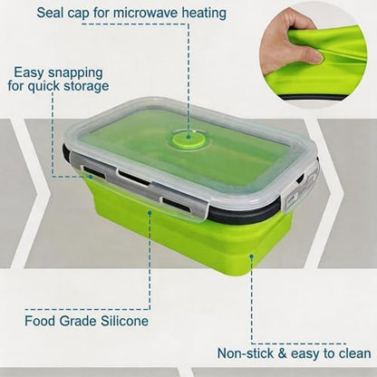 Collapsible Silicone Food Storage Containers Set, 4PCS Foldable Lunch Boxes with Lids & Air Vent, 27oz Multifunctional Travel Food Containers, Bento Boxes, Green