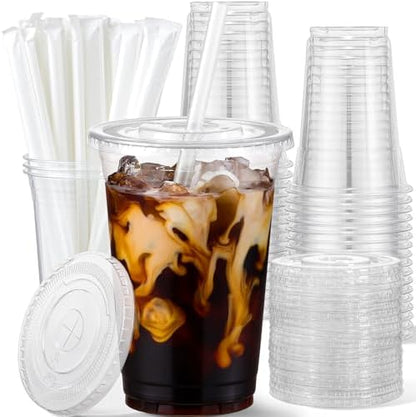 AOZITA 20 oz Plastic Cups with Lids and Straws, 25 Pack, Disposable Iced Coffee Cups with Lids, Clear Cups with Lids for Cold Drinks, Iced Tea, Milkshakes, Smoothies - Durable & BPA Free