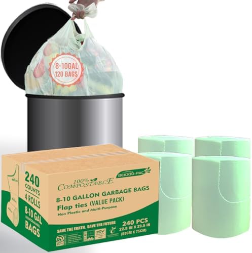 BEIDOU-PAC 8-10 Gallon Flap Tie Compostable Trash Bags, 240 Count, Compost Bags Kitchen Trash Bags, Sturdy Garbage Bags Food Scrap Waste Bags, ASTM D6400, US BPI Certified, Green