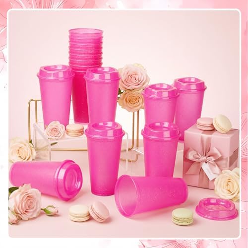 Honeydak 45 Pack 16 oz Reusable Coffee Cups with Lids Water Bottle Iced Coffee Travel Mug Portable Plastic Tea Tumblers Bulk for Hot and Cold Drinks Birthdays Party (Hot Pink,Stylish)