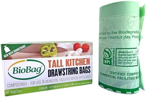 13 Gallon Compostable Drawstring Trash Bags by BioBag, 40 Count, BPI Certified, Meets ASTM D6400 Standards, Easy-Tie Kitchen Liners