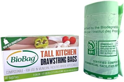 13 Gallon Compostable Drawstring Trash Bags by BioBag, 40 Count, BPI Certified, Meets ASTM D6400 Standards, Easy-Tie Kitchen Liners