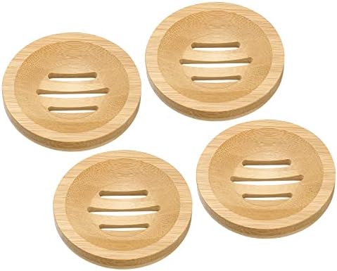 uxcell Wooden Soap Dish, 4Pack Natural Bamboo Soap Saver Tray Self Draining Soap Holder for Bathroom, Bathtub, Kitchen Sink