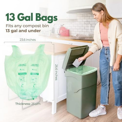 AIRNEX Compostable Kitchen Trash Bags 13 Gal - Cornstrarch Leakproof & Tear Resistant 50 Compost Bags - OK Compost Home & Seedling Certified 0.25 mm Kitchen Garbage Bags