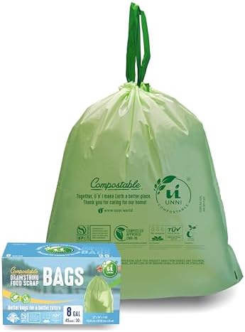 UNNI Compostable Drawstring Bags, 8 Gallon, 45 Count, Extra Thick 1 Mil