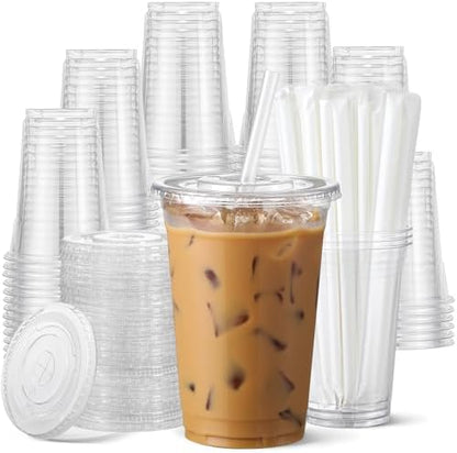 AOZITA 100 Pack - 12 oz Clear Plastic Cups with Lids and Straws, Food Safe Disposable Iced Coffee Cups for Cold Beverages, Smoothies, Iced Coffee, Leak-Proof, BPA-Free