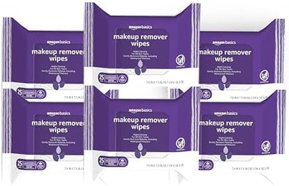 Amazon Basics Makeup Remover Wipes, Gentle Cleansing, Dermatologist Tested, Night Calming, Plant Based, Alcohol-Free, Removes Waterproof Mascara, pH Balanced, 25-Count, 6-Pack