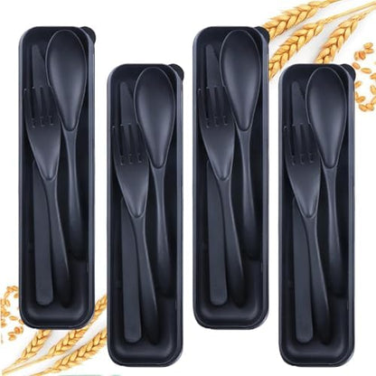 4Pack Black Wheat Straw Cutlery Set, BPA Free Fork Spoon Knife with Case