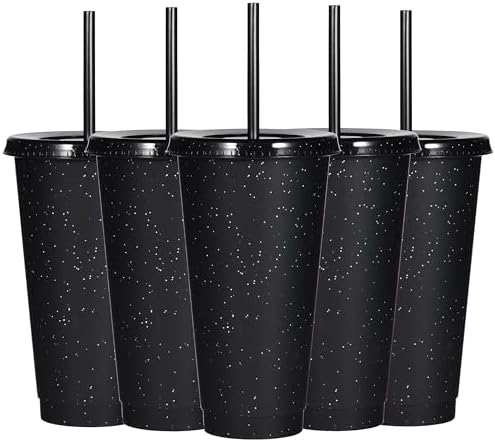 Suertestarry Tumbler with Straw and Lid,Water Bottle Iced Coffee Travel Mug Cup,Reusable Plastic Cups,Perfect for Parties,Birthdays,24oz-5 Pack (Black, 5pack)