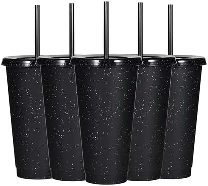 Suertestarry Tumbler with Straw and Lid,Water Bottle Iced Coffee Travel Mug Cup,Reusable Plastic Cups,Perfect for Parties,Birthdays,24oz-5 Pack (Black, 5pack)