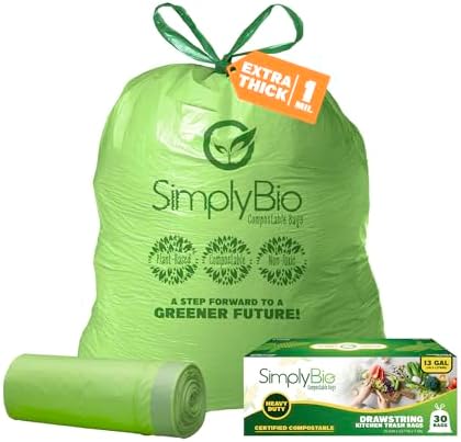 Simply Bio 13 Gallon Compostable Organic Bags Liners Drawstring, Heavy Duty Extra Thick 1 Mil, 49.21 Liter, 30 Bags, Tall Kitchen Food Scrap Waste Bag, ASTM D6400, US BPI and OK Compost Home Certified