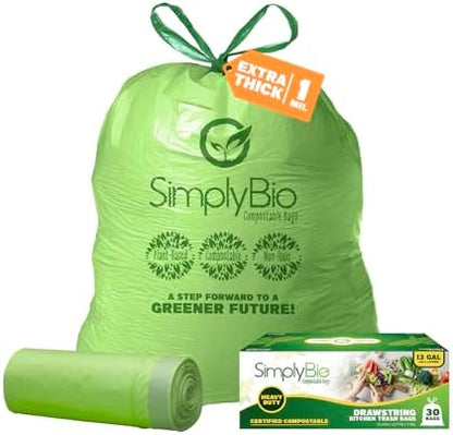 Simply Bio 13 Gallon Compostable Organic Bags Liners Drawstring, Heavy Duty Extra Thick 1 Mil, 49.21 Liter, 30 Bags, Tall Kitchen Food Scrap Waste Bag, ASTM D6400, US BPI and OK Compost Home Certified