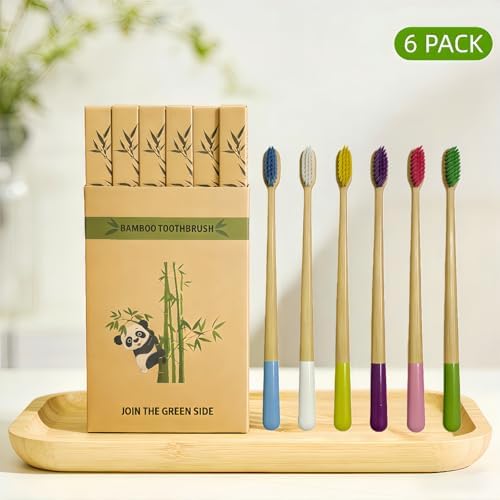 Gufiky Bamboo Toothbrushes Soft Bristles 6 Pack - Natural Wooden Toothbrush for Adults, Eco Friendly & Plastic Free Toothbrush with Cone Handle, Biodegradable & Non Toxic Tooth Brush Set