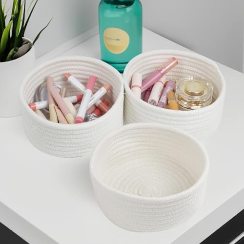 3 Pack Small Woven Cotton Rope Baskets for Organizing, White