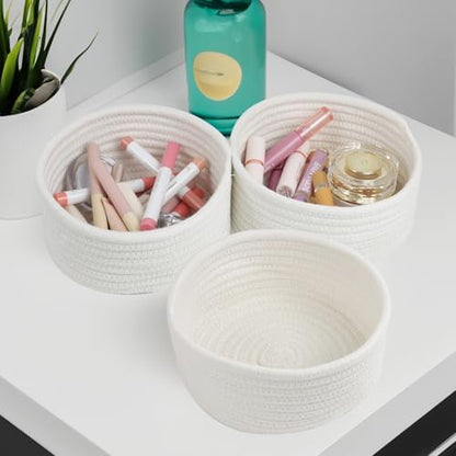 3 Pack Small Woven Cotton Rope Baskets for Organizing, White